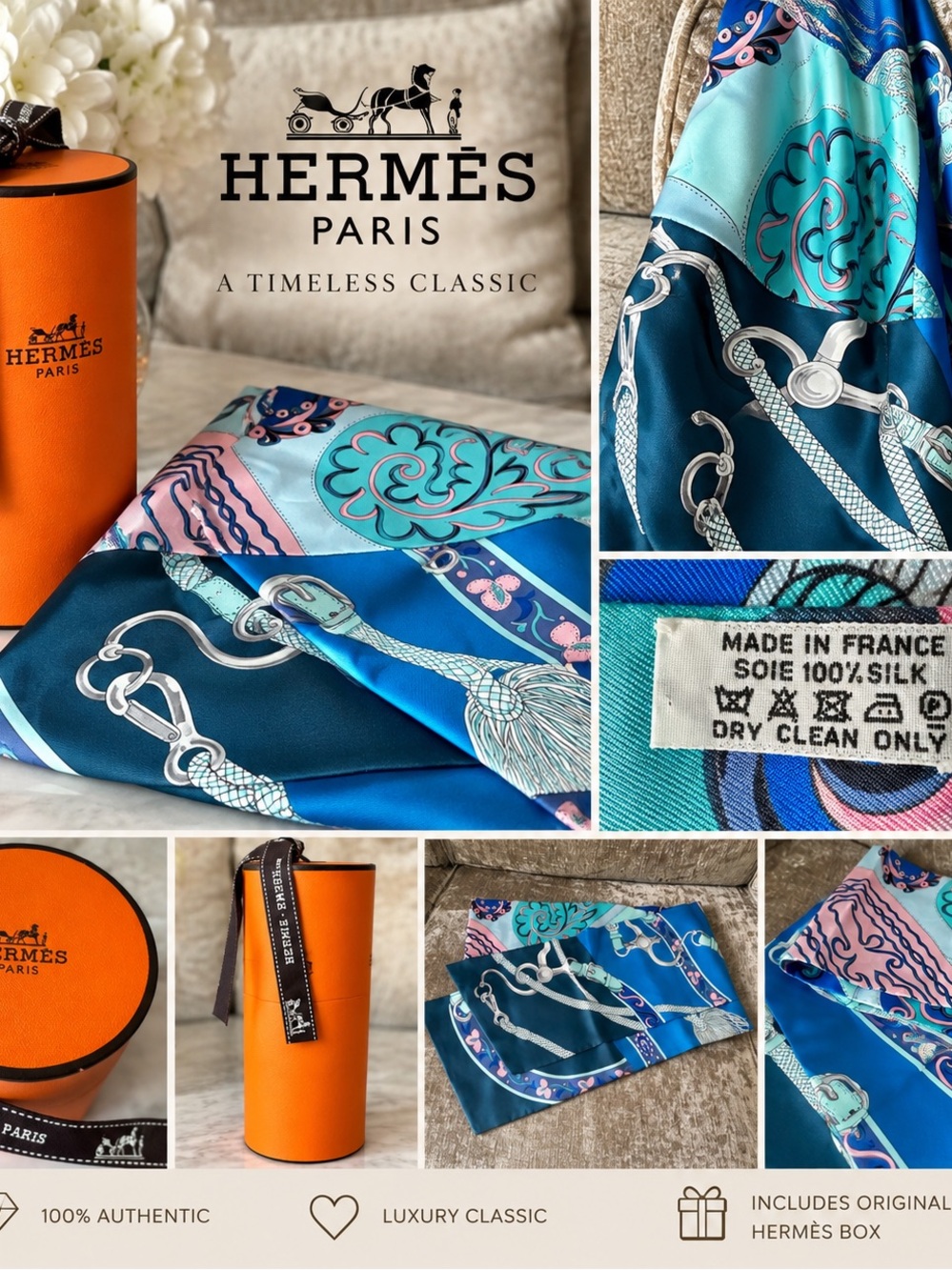 Hermès Silk Scarf in Teal, Navy & Pink Floral Equestrian Print
